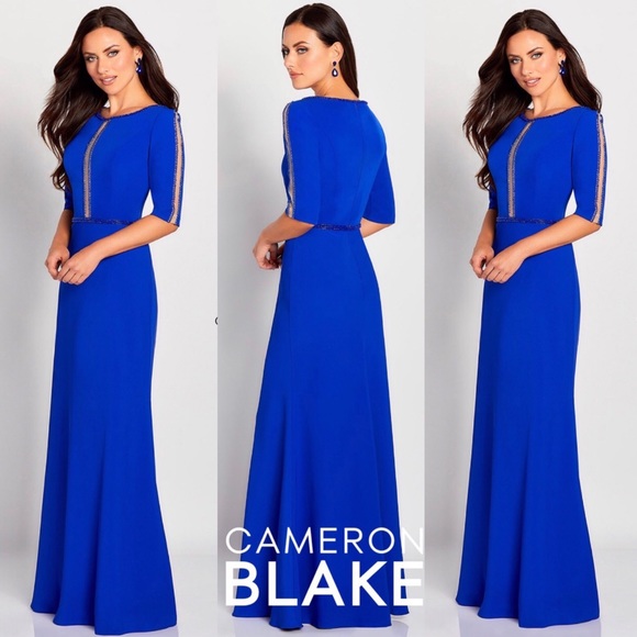 Cameron Blake 3/4 sleeve embellished A-Line formal long gown - Picture 2 of 8